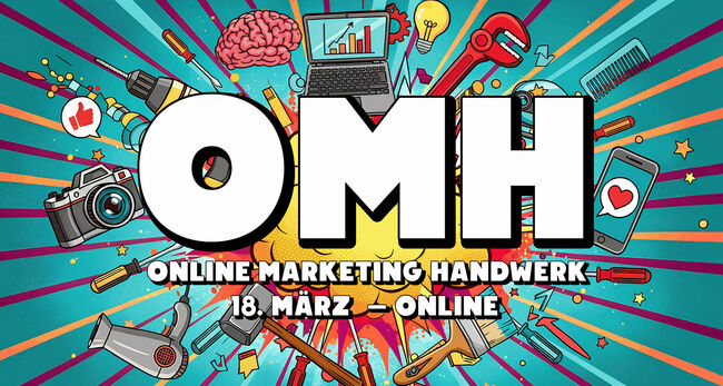 Bunter strahlenfoermige Grafik mit Werkzeugen und groß OMH