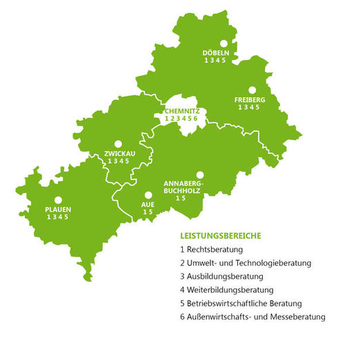 Eine Landkarte vom Kammerbezirk der HWK Chemnitz und den jeweiligen Beratungsmöglichkeiten von den einzelnen Leistungsbereichen.