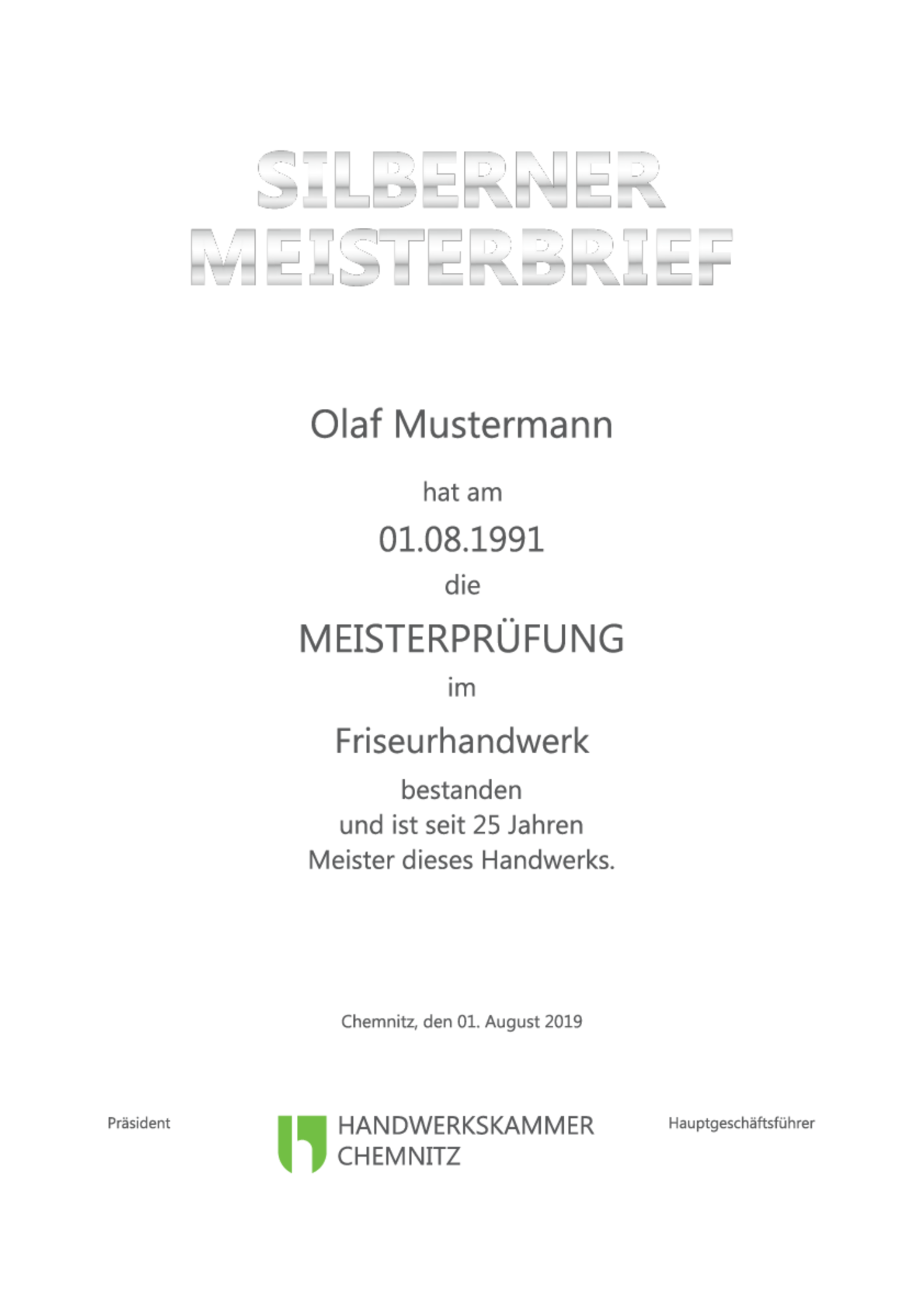 Muster eines Silbernen Meisterbriefs
