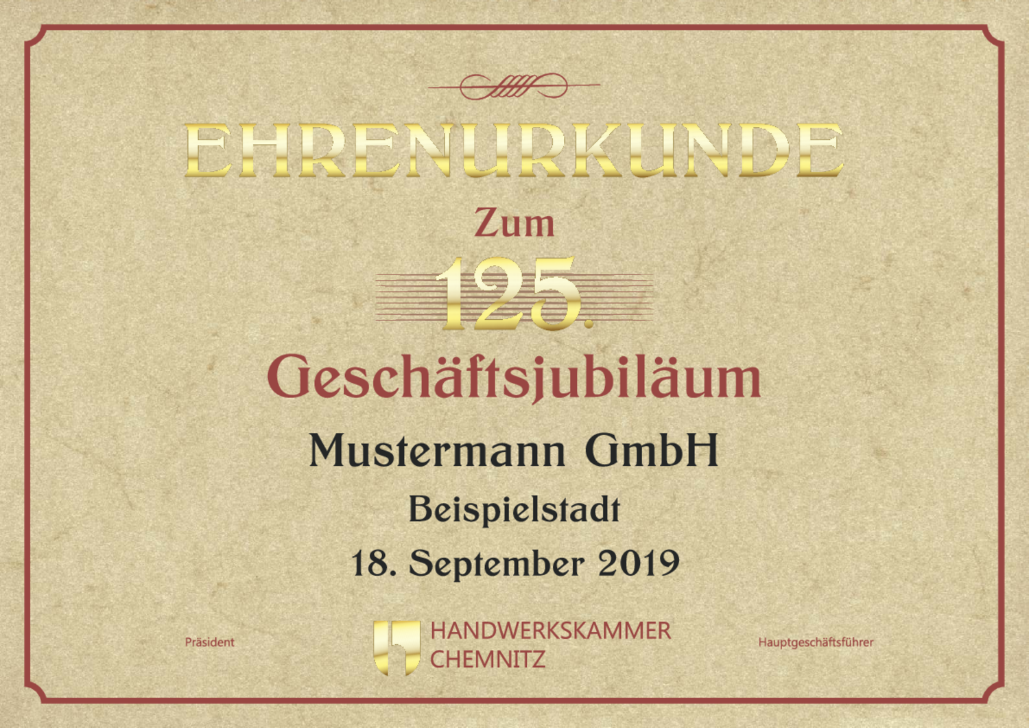 Musteransicht Geschäftsjubiläumsurkunde
