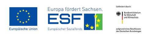 Es werden drei Fördermittellogos abgebildet. Links ist das blau EU-Logo, in der Mitte das Logo für den Europäischen Sozialfond und ganz rechts das Logo des Bundesministeriums für Wirtschaft uns Energie zu sehen.