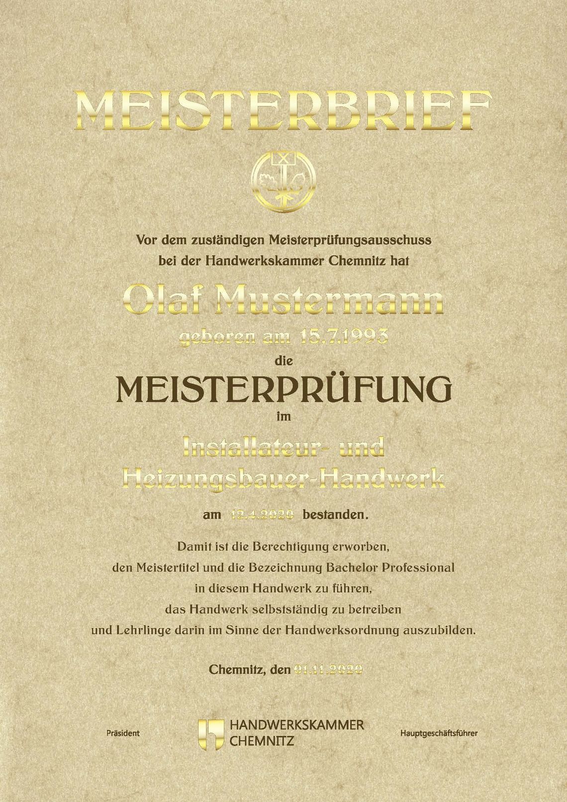 Abbildung eines klassischen Schmuckmeisterbriefes der Handwerkskammer Chemnitz