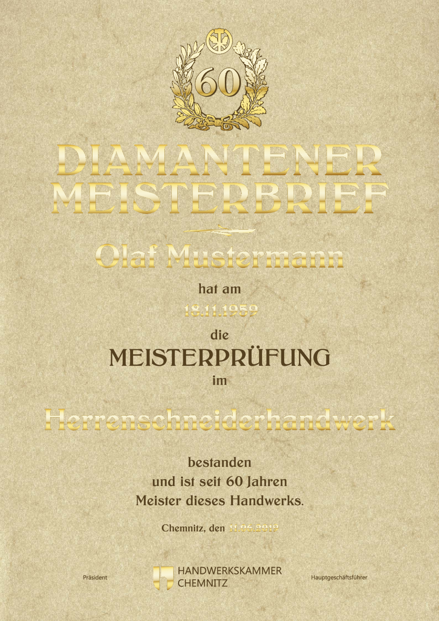 Musteransicht Diamantener Meisterbrief