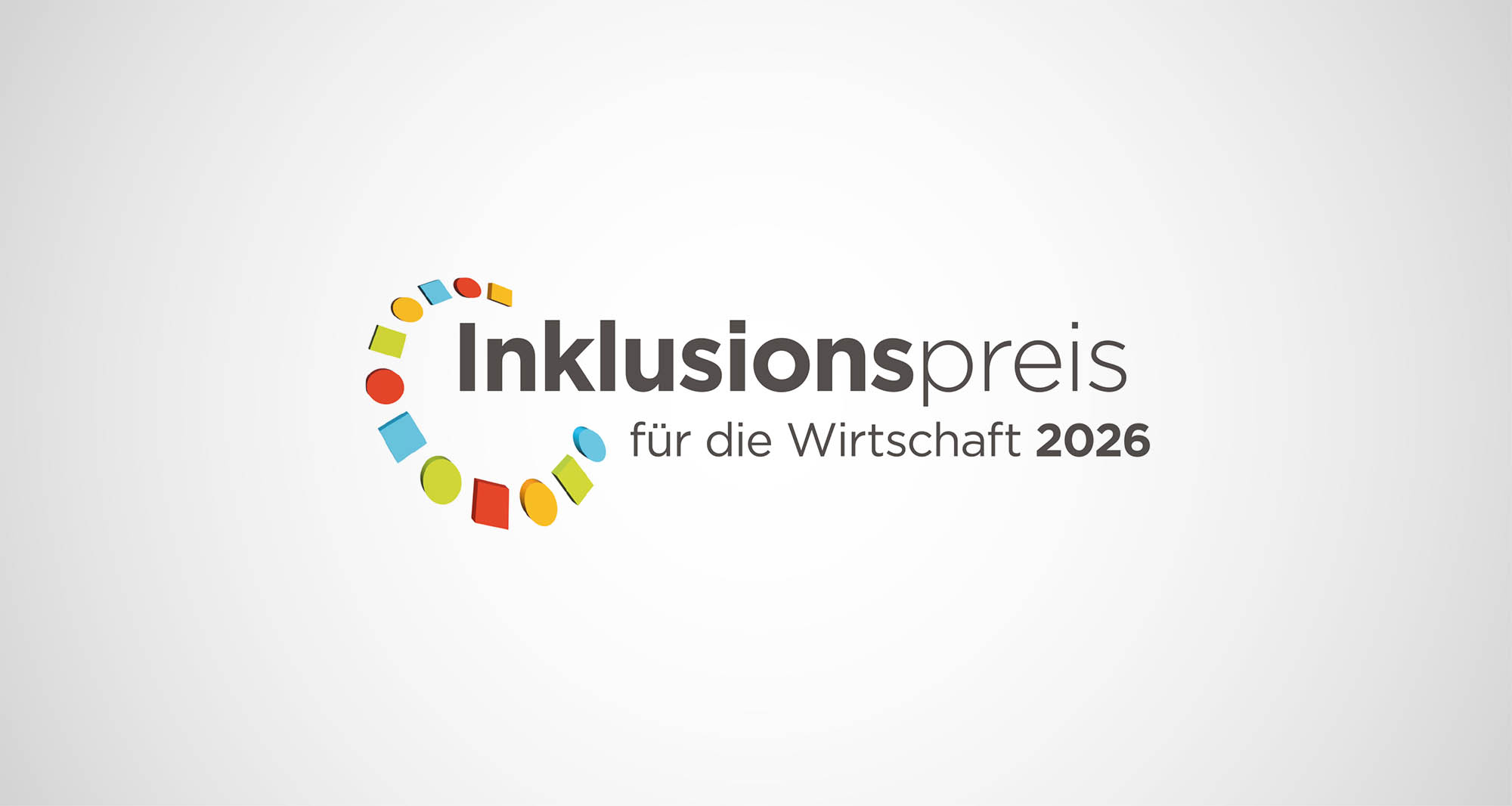 Logo Inklusionspreis für Wirtschaft. Graue Schrift mit buntem Kreis.