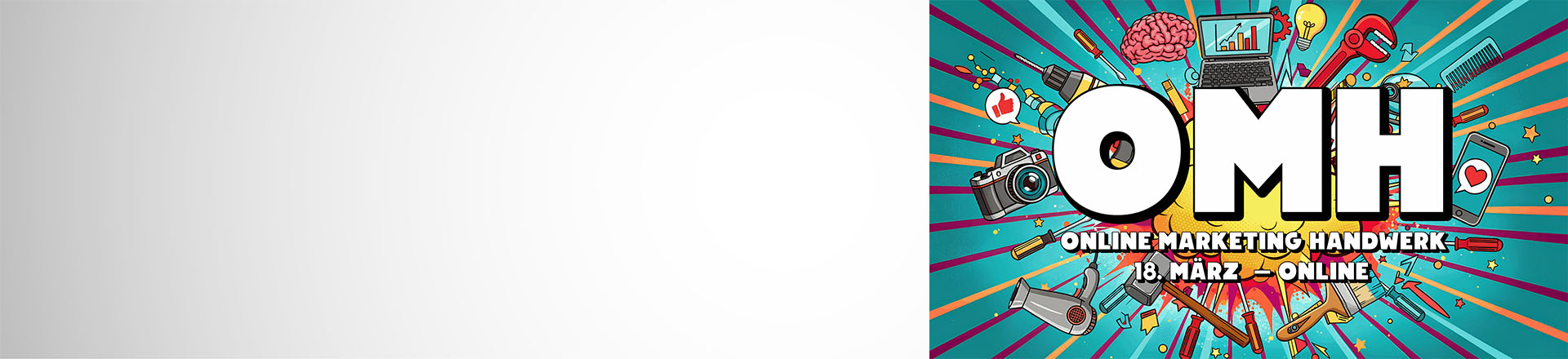 Bunter strahlenfoermige Grafik mit Werkzeugen und groß OMH