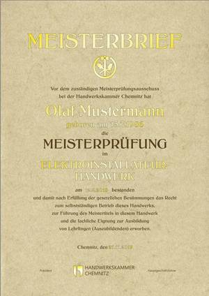 Abbildung eines Schmuckmeisterbriefes der Handwerkskammer Chemnitz